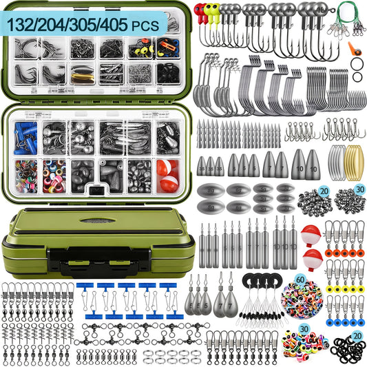 Fishing Tackle Kit 132-405 Piece Fishing Accessories Set with Hooks Weights Sinkers Spinner Blades Tackle Box for Bass Trout Bluegill Crappie Freshwater