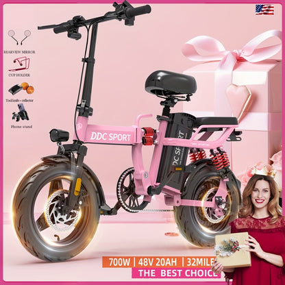Folding Electric Bike for Women 700W Peak Motor, 48V 20Ah Removable Battery, 35 Miles Range 20MPH, 14" Tires Dual Disc Brakes, 3-Step Fold LCD Display Commuter Ebike for Adults — Pink