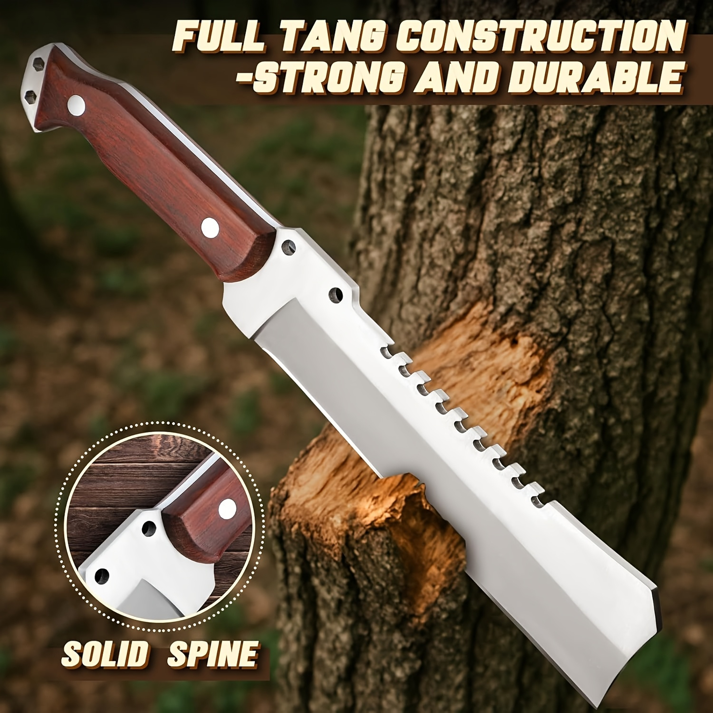 Survival Machete Fixed Blade Knife 7.2" – 4Cr13 High Carbon Steel, Full Tang, Ergonomic Wooden Handle, Leather Sheath for Camping, Bushcraft & Outdoor Survival
