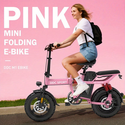 Folding Electric Bike for Women 700W Peak Motor, 48V 20Ah Removable Battery, 35 Miles Range 20MPH, 14" Tires Dual Disc Brakes, 3-Step Fold LCD Display Commuter Ebike for Adults — Pink