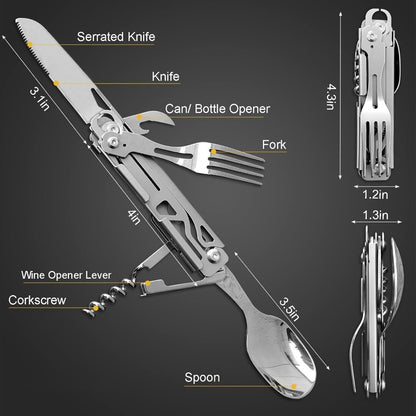 Portable Travel Cutlery Set – Removable Spoon, Fork & Knife with Bottle Opener – Compact Stainless Steel Utensils for Camping, Hiking, Picnic & Everyday Carry, Silver