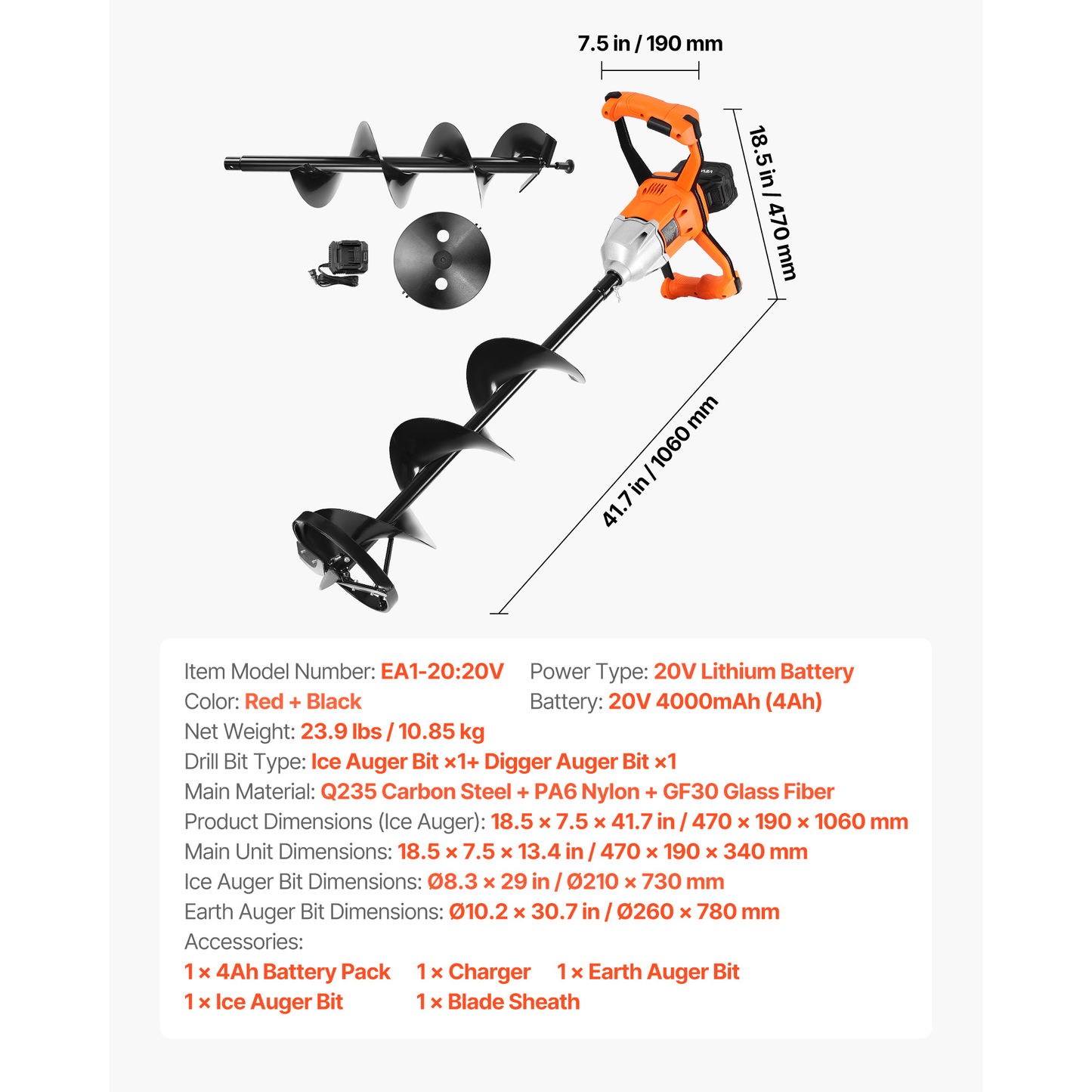 Electric Ice Auger 8 Inch 20V Cordless Brushless Motor, 2-in-1 Ice Fishing & Earth Auger with 4000mAh Battery, Turbo High-Speed Cutting, Cold-Resistant Steel Blades for Ice Fishing & Post Hole Digging