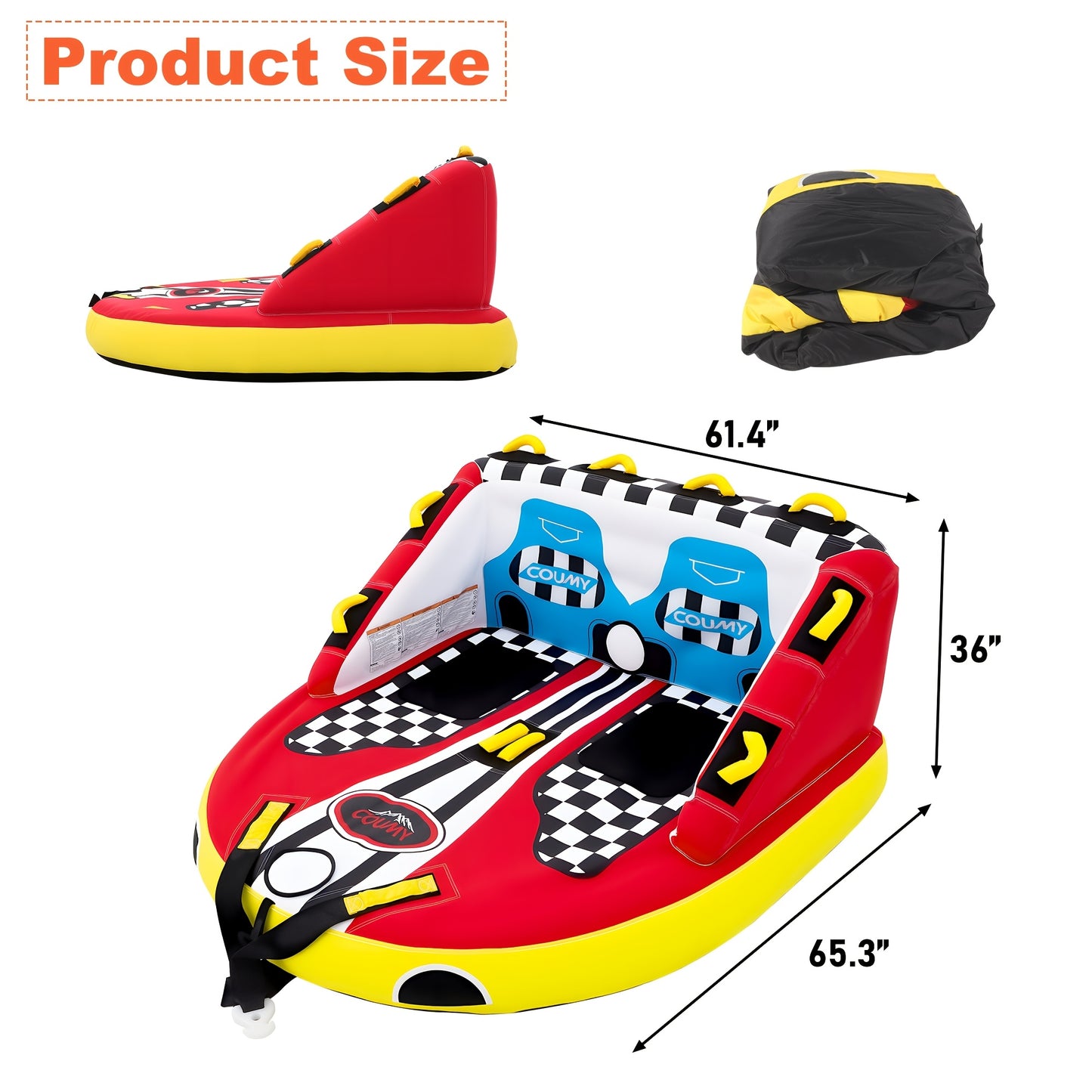 Inflatable Towable Tube for Boating - Heavy Duty PVC Pull Behind Water Tube with Front & Rear Tow Points, 840D Nylon Cover, Sofa Seat Design for 3-4 Riders, Compatible with Boats, Jet Skis & Tugboats