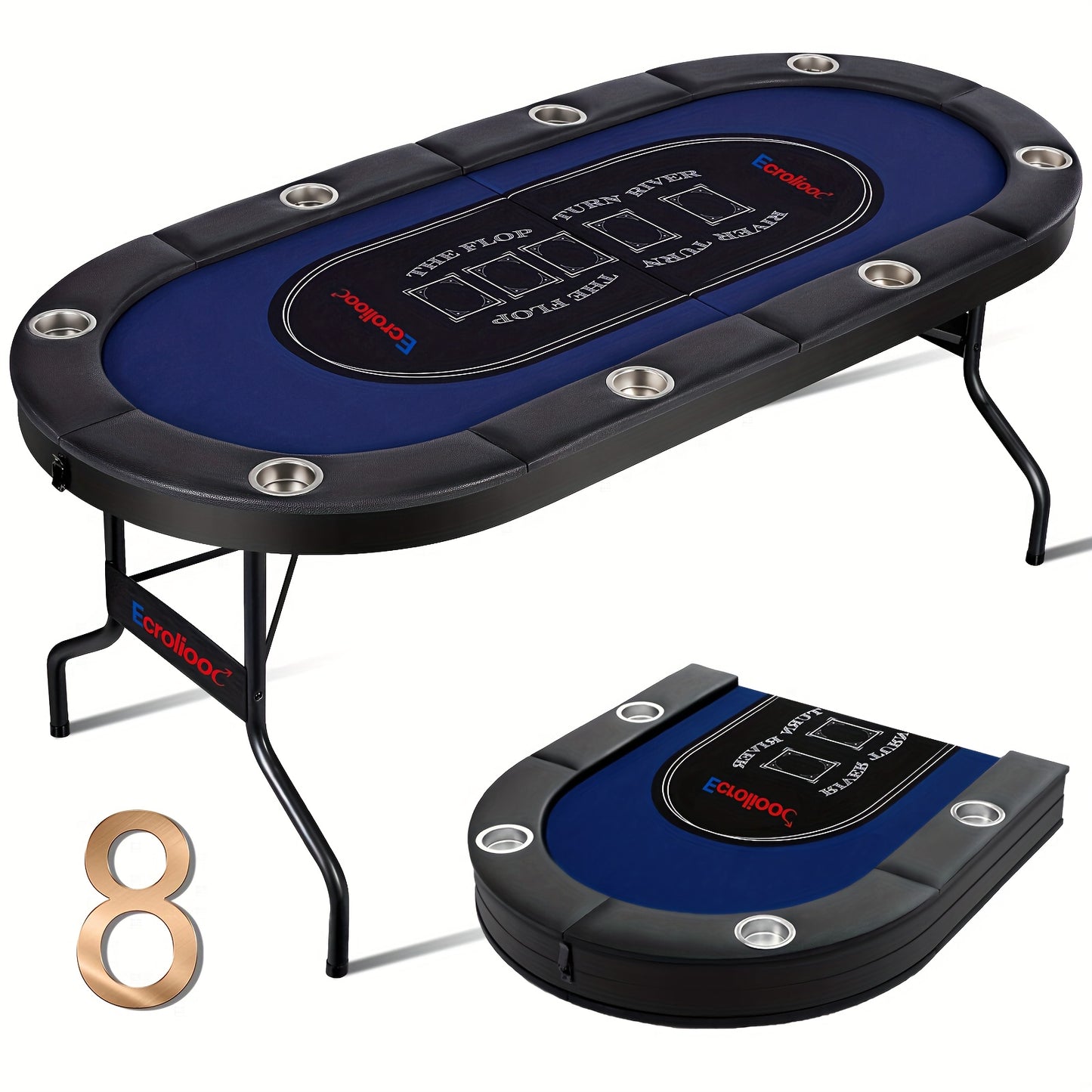 Folding Poker Table for 8 Players – 71 Inch Texas Holdem Table with Collapsible Legs, Classic Felt Surface, Padded Cup Holder Rails & Portable Design for Home Game Night