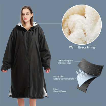 Changing Robe Fleece Lined Hooded – Long Sleeve Windproof Warm Surf Poncho for Swimming, Surfing, Diving, Camping & Hiking – 43.3x31.5in, 4 Colors: Navy, Black, Red, Blue