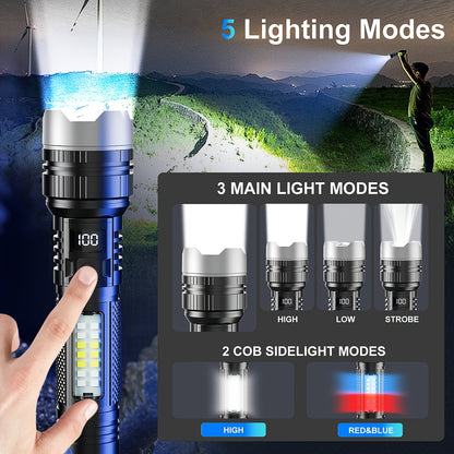 Rechargeable LED Flashlight 2000 Lumens – 2 Pack, 5 Modes, COB Side Light, 200M Beam Range, USB-C Charging, Durable ABS Torch for Camping Emergency Outdoor Use