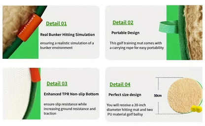 Golf Bunker Practice Mat 19.69x19.69 Inch with 2 PU Balls Realistic Sand Bunker and Putting Simulator Non-Slip TPR Bottom for Backyard Indoor Use Improves Swing Consistency Gift for Golf Enthusiasts