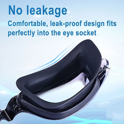 Swimming Goggles 6pcs Set with Cap Nose Clip Earplugs & Storage Bag – UV Protection Anti-Fog Adult Racing Swim Goggles Bundle, Silver-Coated Black Lens, Waterproof PU Swim Cap Included