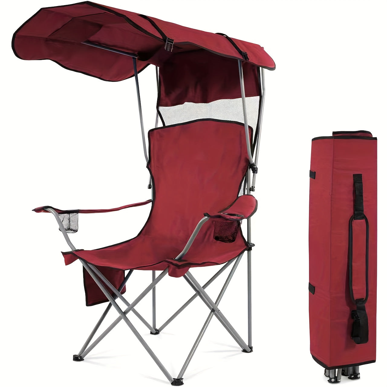 Folding Camping Chair with Sunshade Canopy, Heavy Duty Portable Outdoor Chair with Armrests Cup Holder & Carry Bag for Beach Fishing Picnic Sports