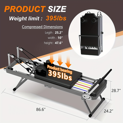 Pilates Reformer Machine for Home Gym – Foldable Pilates Equipment with Adjustable Resistance Springs, 11-Level Intensity, Smooth Sliding Rails, 330 lbs Capacity for Beginners & Advanced