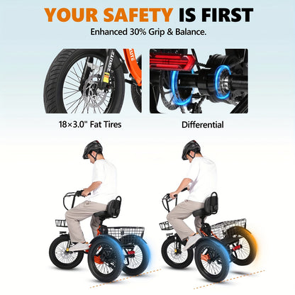 Electric Tricycle for Adults 749W Brushless Motor Folding E-Trike 48V 10.4Ah Removable Battery Step-Thru 3 Wheel Electric Bike 18x3.0 Fat Tire Up to 55 Miles 18MPH+ with 6-Speed Gear
