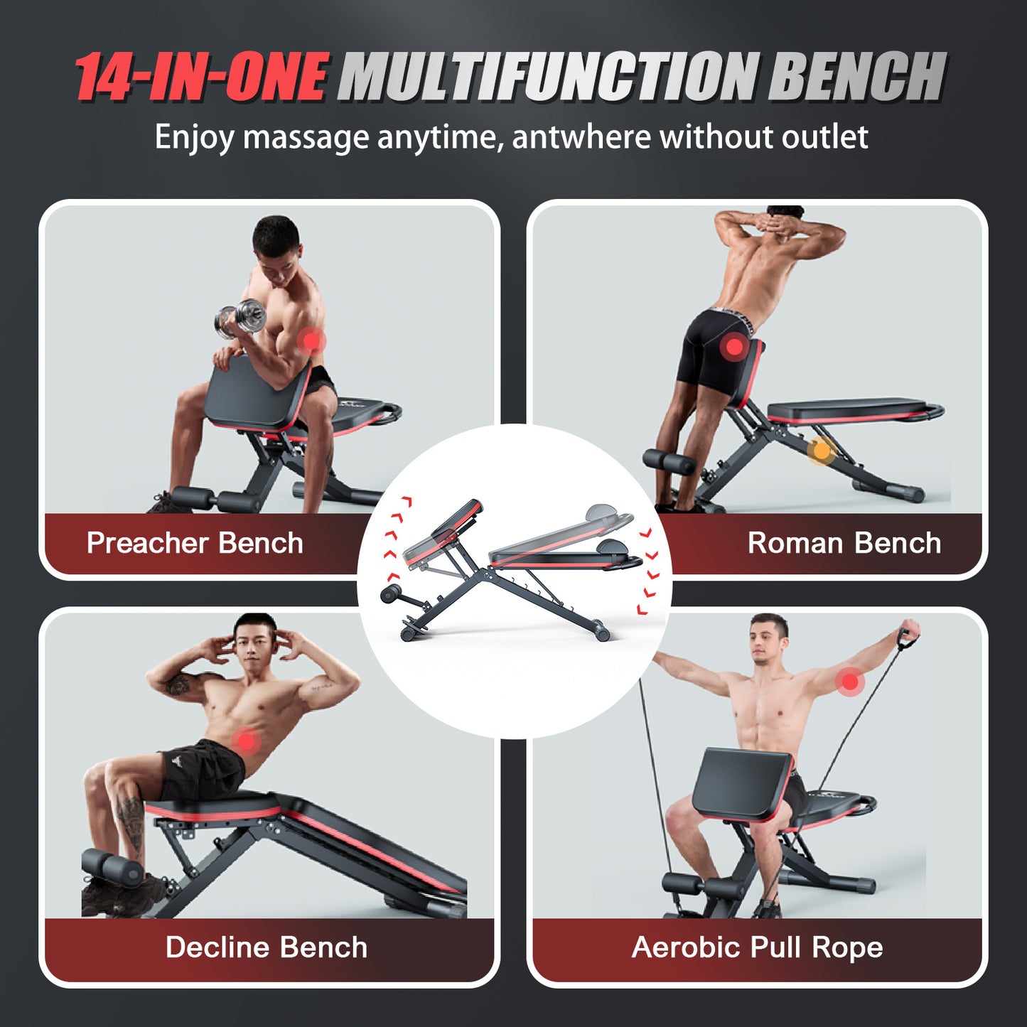 Adjustable Weight Bench 14-in-1 Foldable – 1000 lbs Capacity, 6 Incline Levels, Incline Decline Flat for Home Gym Full Body Workout