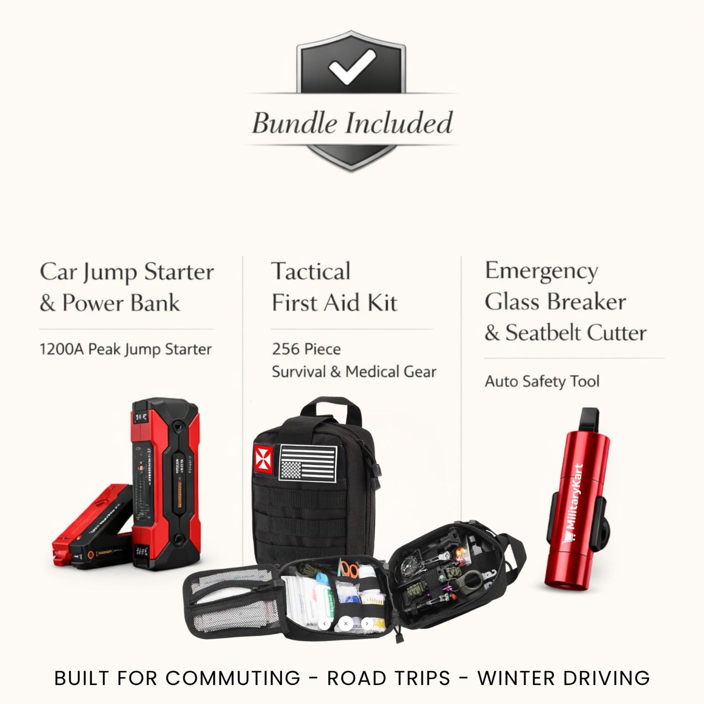 Car Emergency Kit – Jump Starter, IFAK & Escape Tool Bundle