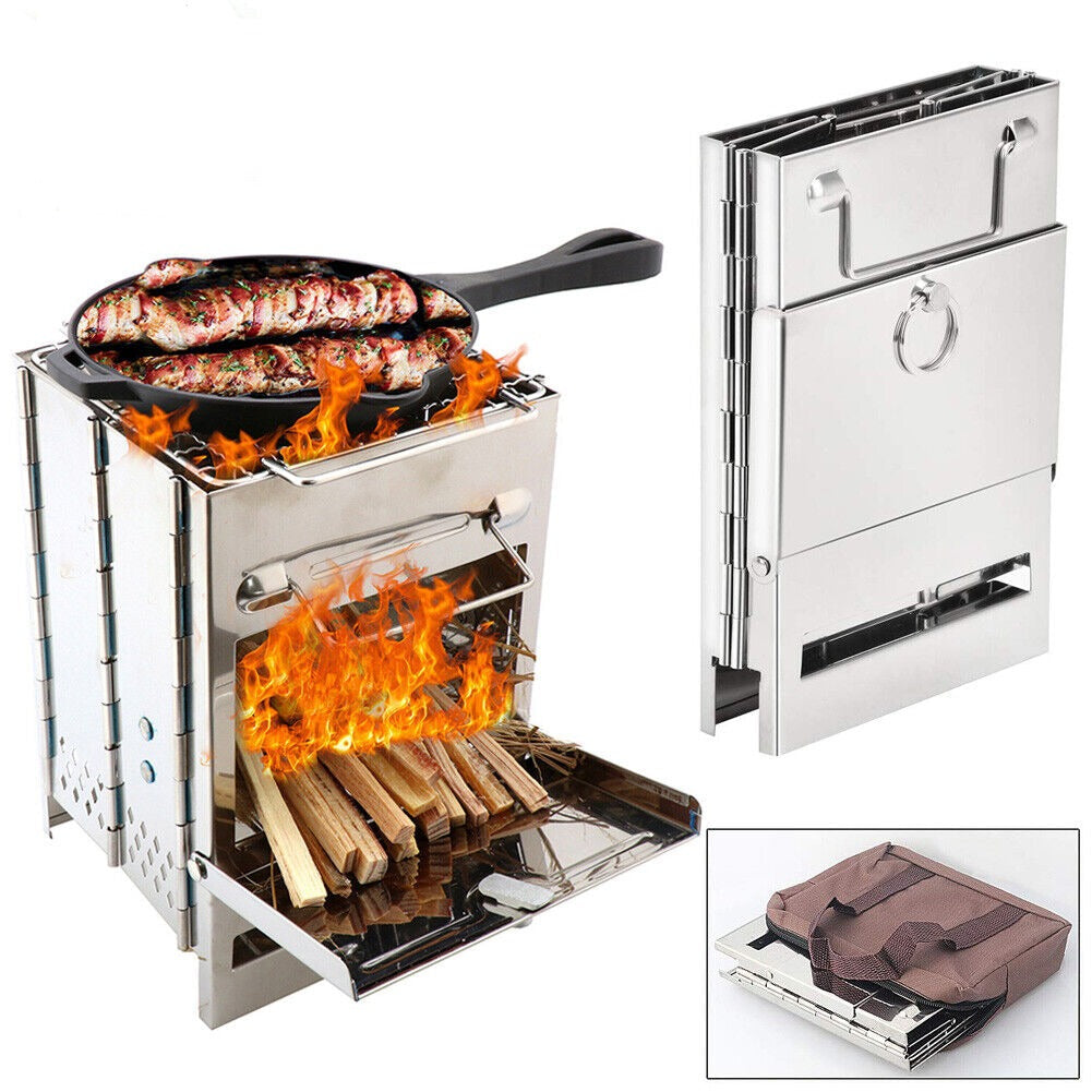 Camping Stove Portable Wood Burning – Foldable Stainless Steel BBQ Grill