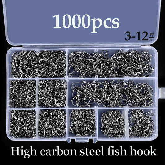 Fishing Hook Set 10 Sizes High-Carbon Steel 100/500/1000pcs