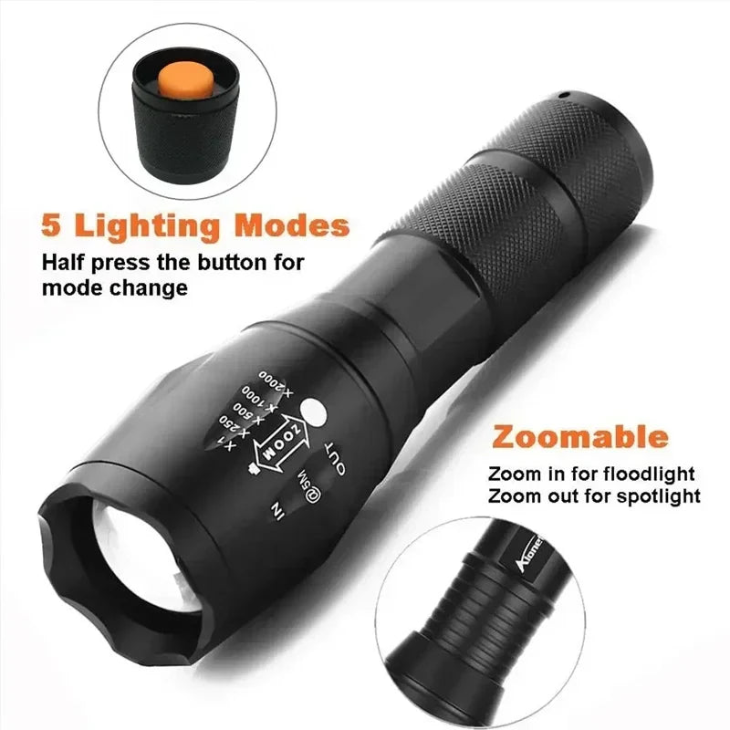 T6 LED Tactical Flashlight Zoomable 5-Mode Waterproof 2 Pack