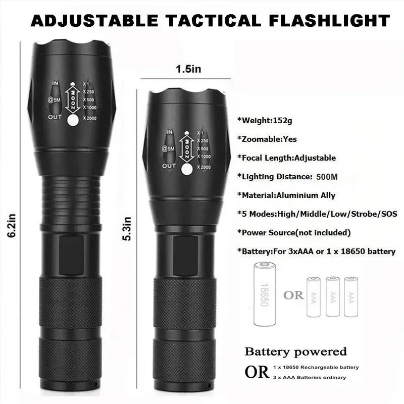 T6 LED Tactical Flashlight Zoomable 5-Mode Waterproof 2 Pack