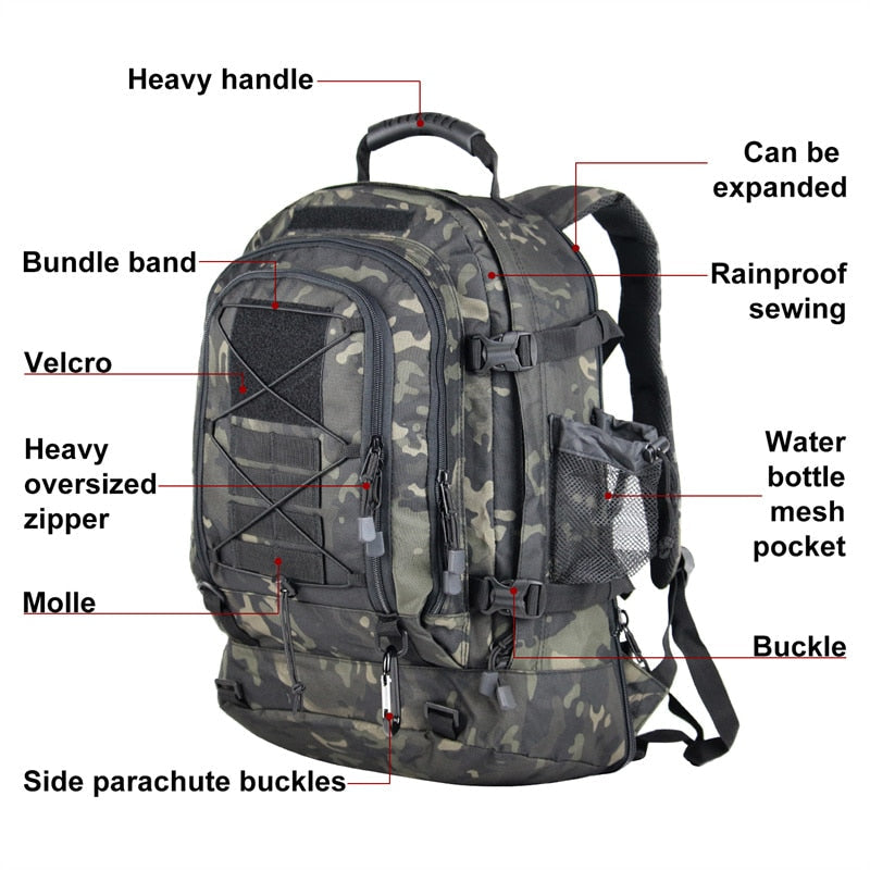 Tactical Backpack 60L Military Rucksack MOLLE Waterproof Hiking Pack