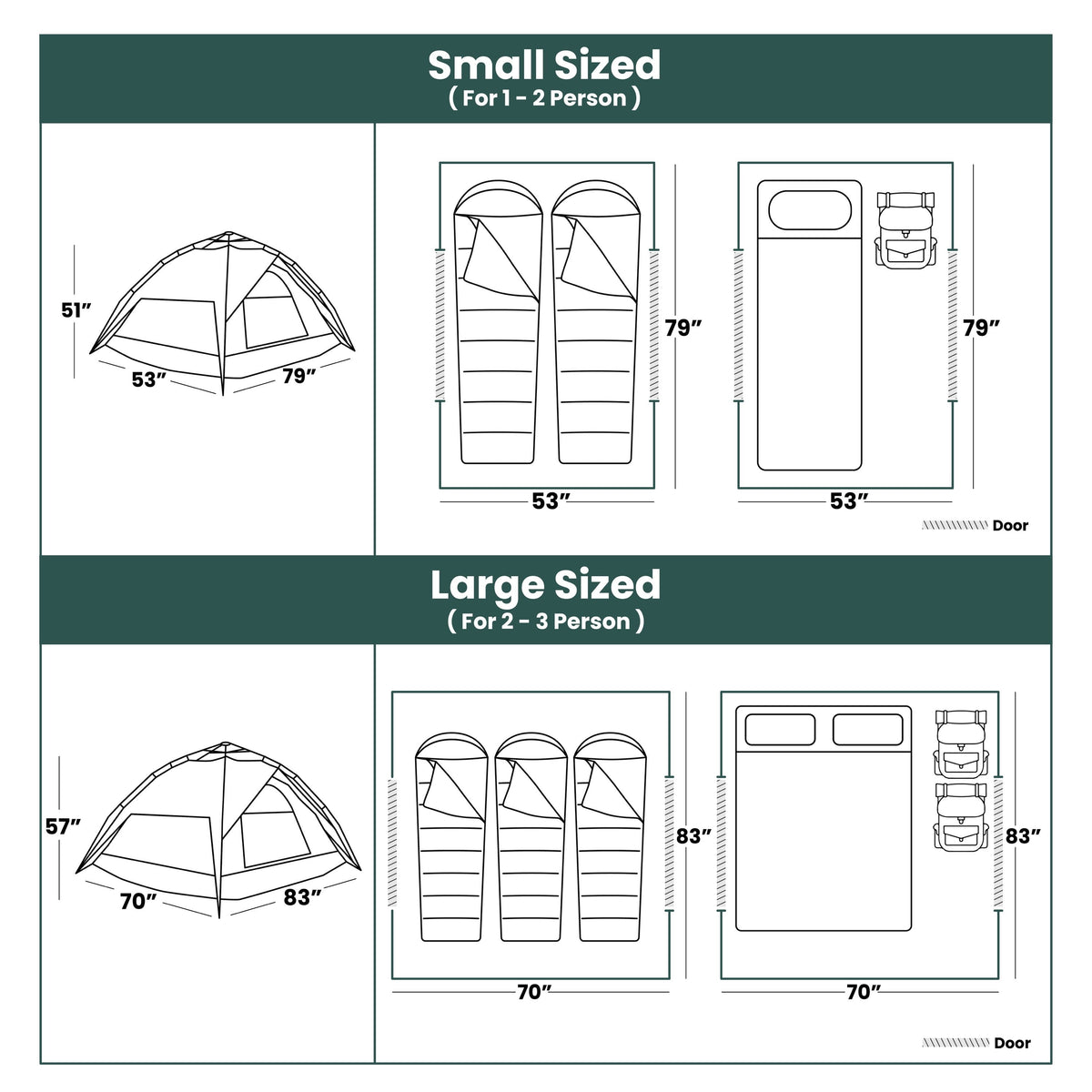 Small and large pop-up camping tents with two included tarps