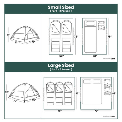 Small and large pop-up camping tents with two included tarps