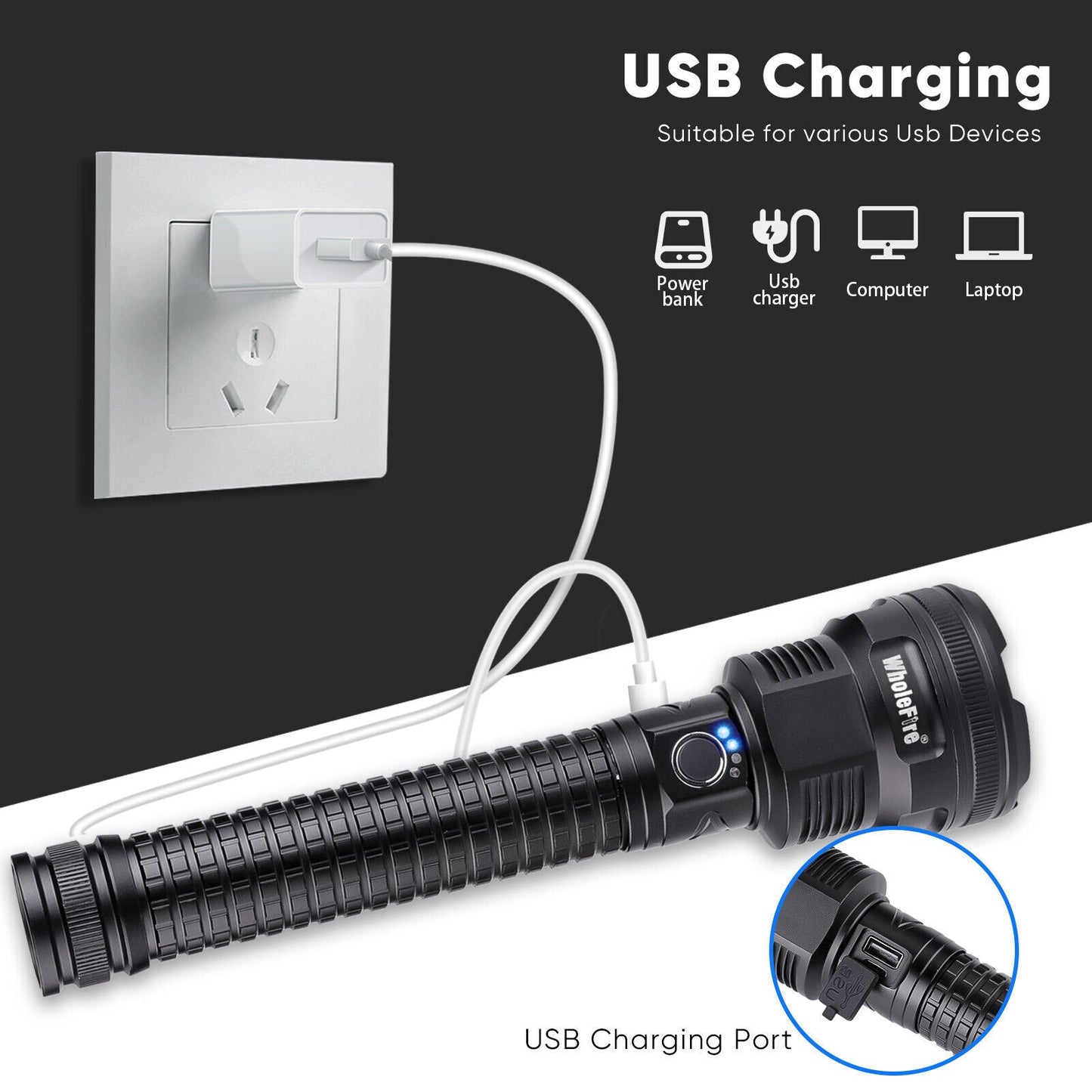 Rechargeable LED Flashlight XHP90 99000LM Tactical Torch Power Bank