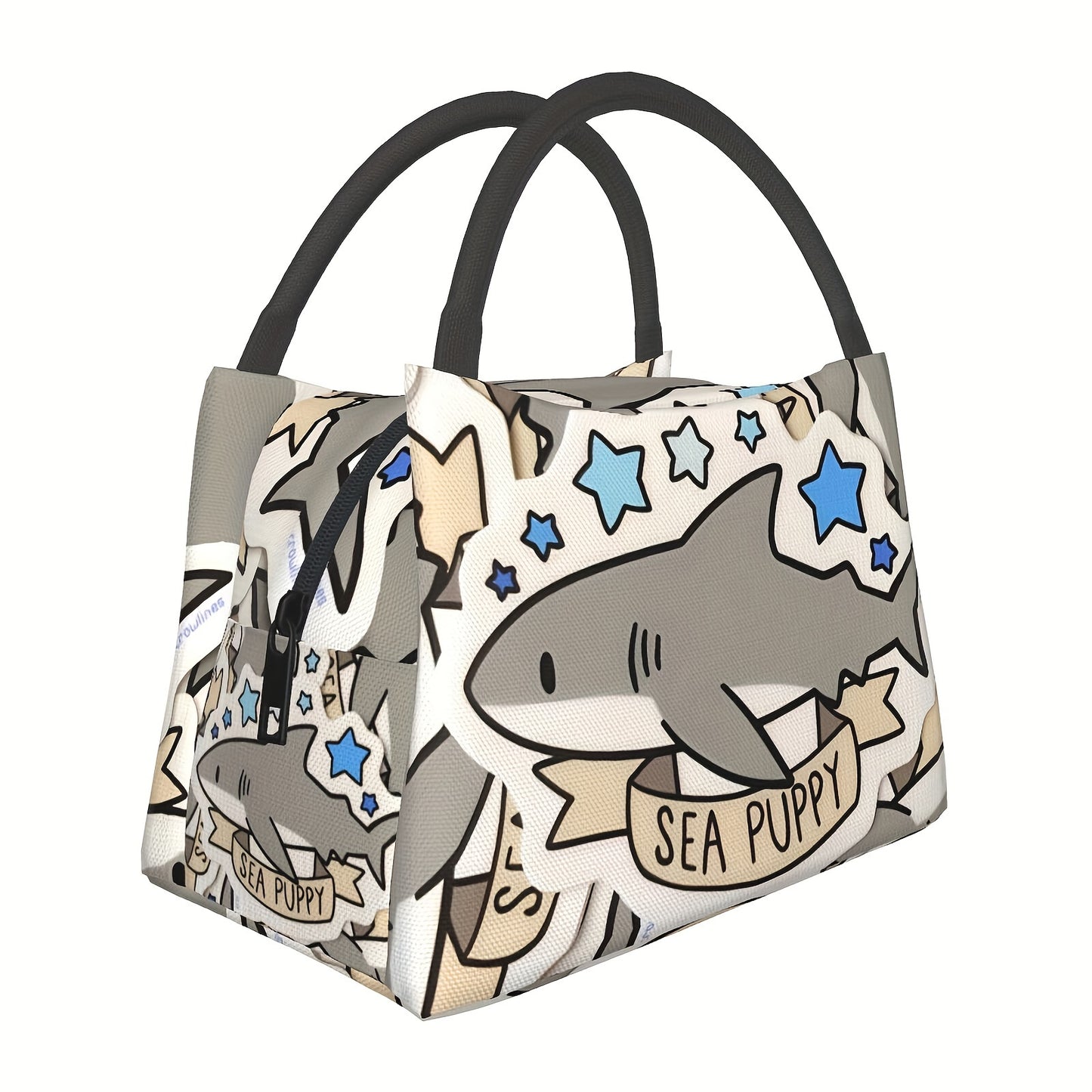 Cooler Bag with Grey Shark Pattern - Portable Reusable Insulated Lunch Bag for Camping, Picnic, Beach, Office, Home & Outdoor Use, Fun Kids & Adults Novelty Cooler Tote, 11 x 6.3 x 6.7 in