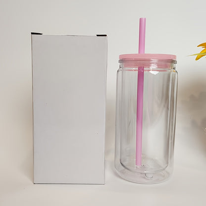 Clear Plastic Snow Globe Tumblers 16oz Double Wall Bulk Set 25 or 50 Cups Pre-Drilled Hole Colored Lid Straw for Iced Coffee Boba Soda Party DIY Customization