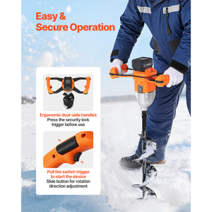 Electric Ice Auger 8 Inch 20V Cordless Brushless Motor, 2-in-1 Ice Fishing & Earth Auger with 4000mAh Battery, Turbo High-Speed Cutting, Cold-Resistant Steel Blades for Ice Fishing & Post Hole Digging