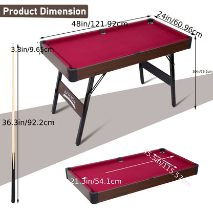 Folding Pool Table 48 Inch – Portable Billiard Table with Locking Legs Balls Cues Triangle Chalk Brush for Home Game Room