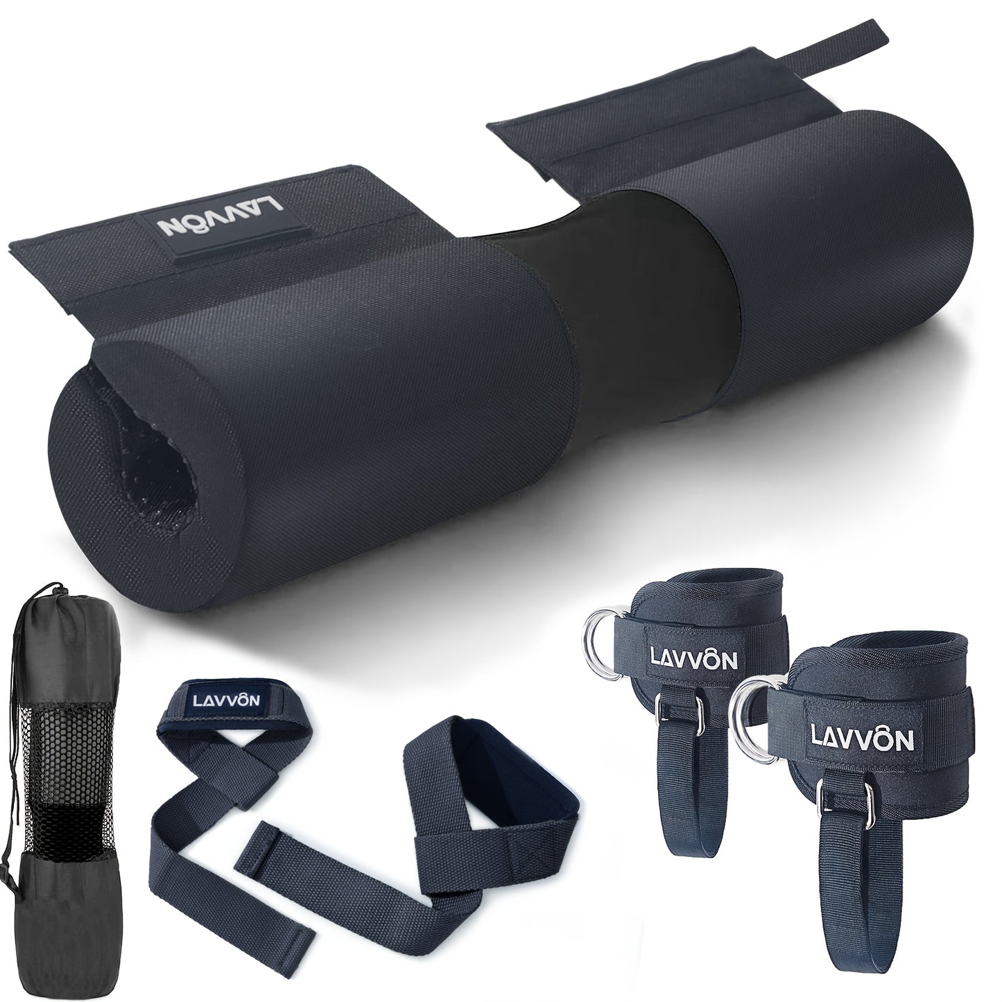 Barbell Squat Pad Set with Wrist Straps & Ankle Straps – Thick Anti-Slip Foam Bar Pad for Hip Thrusts, Squats & Lunges, Weightlifting Neck Cushion for Men Women