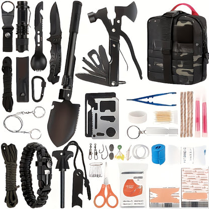 142-Piece Emergency Survival Kit with MOLLE System – Outdoor Gear Set with Axe, Folding Shovel, Knife & Lantern for Camping, Hiking, Hunting & Adventure