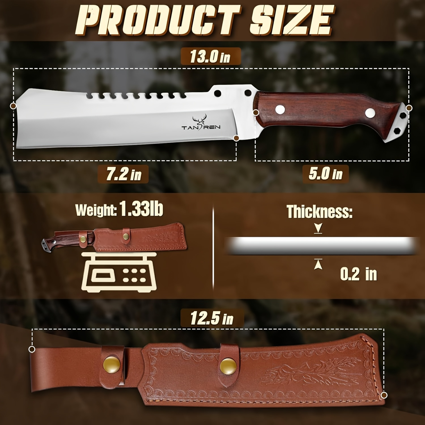 Survival Machete Fixed Blade Knife 7.2" – 4Cr13 High Carbon Steel, Full Tang, Ergonomic Wooden Handle, Leather Sheath for Camping, Bushcraft & Outdoor Survival