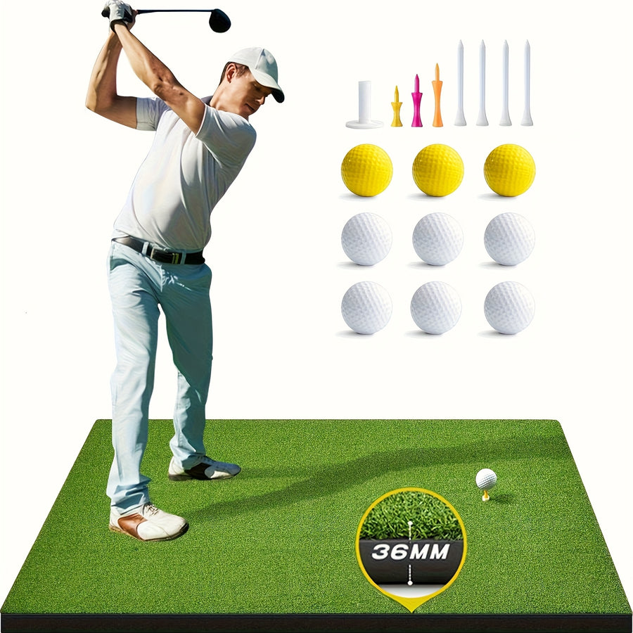 Golf Hitting Mat with Artificial Turf & Non-Slip EVA Base, Indoor Outdoor Golf Practice Mat Set with 9 Golf Balls 8 Tees & Rubber Tee, High-Elastic Chipping Driving Training Mat for All Skill Levels