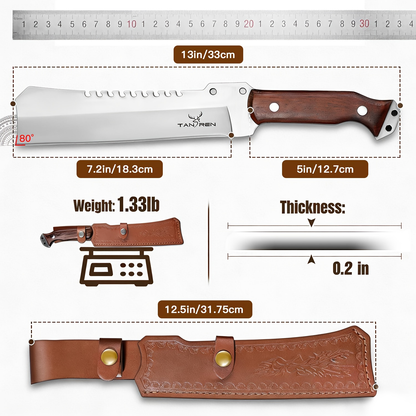 Survival Machete Fixed Blade Knife 7.2" – 4Cr13 High Carbon Steel, Full Tang, Ergonomic Wooden Handle, Leather Sheath for Camping, Bushcraft & Outdoor Survival