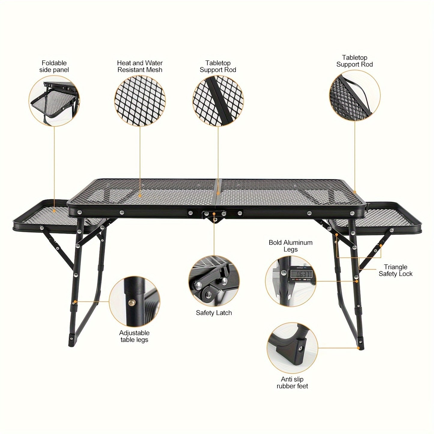 Portable Folding Camping Table with 2 Wingboards & Mesh Top – Height Adjustable Outdoor Grill Side Table for Picnic Barbecue Beach Backpacking, Lightweight Compact Folding Table with Carry Bag