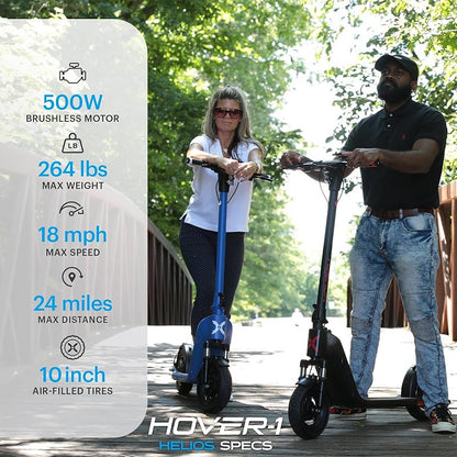 Hover-1 Helios 500W Electric Folding Scooter – 18 MPH Top Speed, 24-Mile Range, 10" Pneumatic Tires, Dual Front Suspension, Rear Disc Brakes, Removable Battery & Full LCD Display for Adults