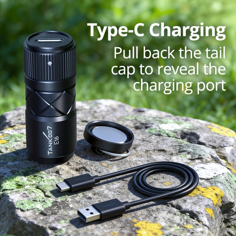 Magnetic EDC Flashlight Tank 007 E16 – Type-C Rechargeable Mini Zoomable LED Torch, Lithium Polymer Battery, Compact Aluminum Alloy Design for Outdoor & Indoor Use