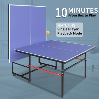Foldable Ping Pong Table 8ft with Net, 2 Paddles & 2 Balls – Regulation Size Table Tennis Table, Fold-Up Design with 4 Wheels for Easy Storage, Indoor Outdoor Use, Blue