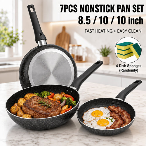 Nonstick Frying Pan Set 7pcs – 8.5" & 10" Aluminum Skillets with Deep Frying Pan, Fast Heating, Easy Clean – Durable Cookware Set with 4 Dish Cloths for Home Kitchen & Camping