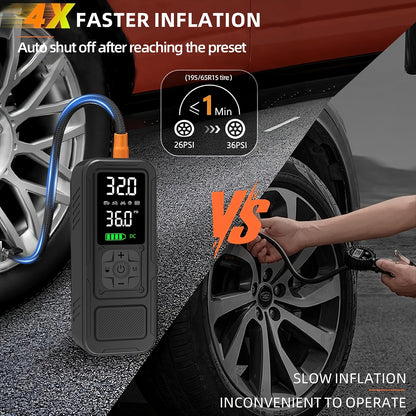 Cordless Tire Inflator Portable Air Compressor – 160PSI 5X Faster Inflation, Digital Pressure Gauge & LED Light, Wireless Air Pump for Car, Motorcycle, Bike & Ball, Compact Auto Tire Pump