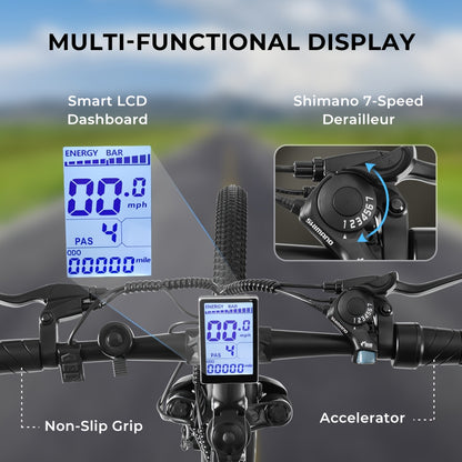 Electric Bike for Adults 26 Inch All-Terrain E-Bike 500W Motor 20MPH 40-Mile Range 360Wh Removable Battery 7-Speed Shimano Hydraulic Disc Brakes Front Suspension