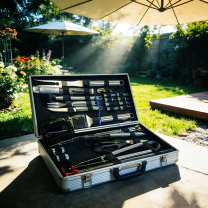 BBQ Griddle Tool Set with Aluminum Case, Oversized Spatula, Griddle Cover & Grill Scraper, Portable Outdoor Grilling Kit for Camping Parties Family Gatherings