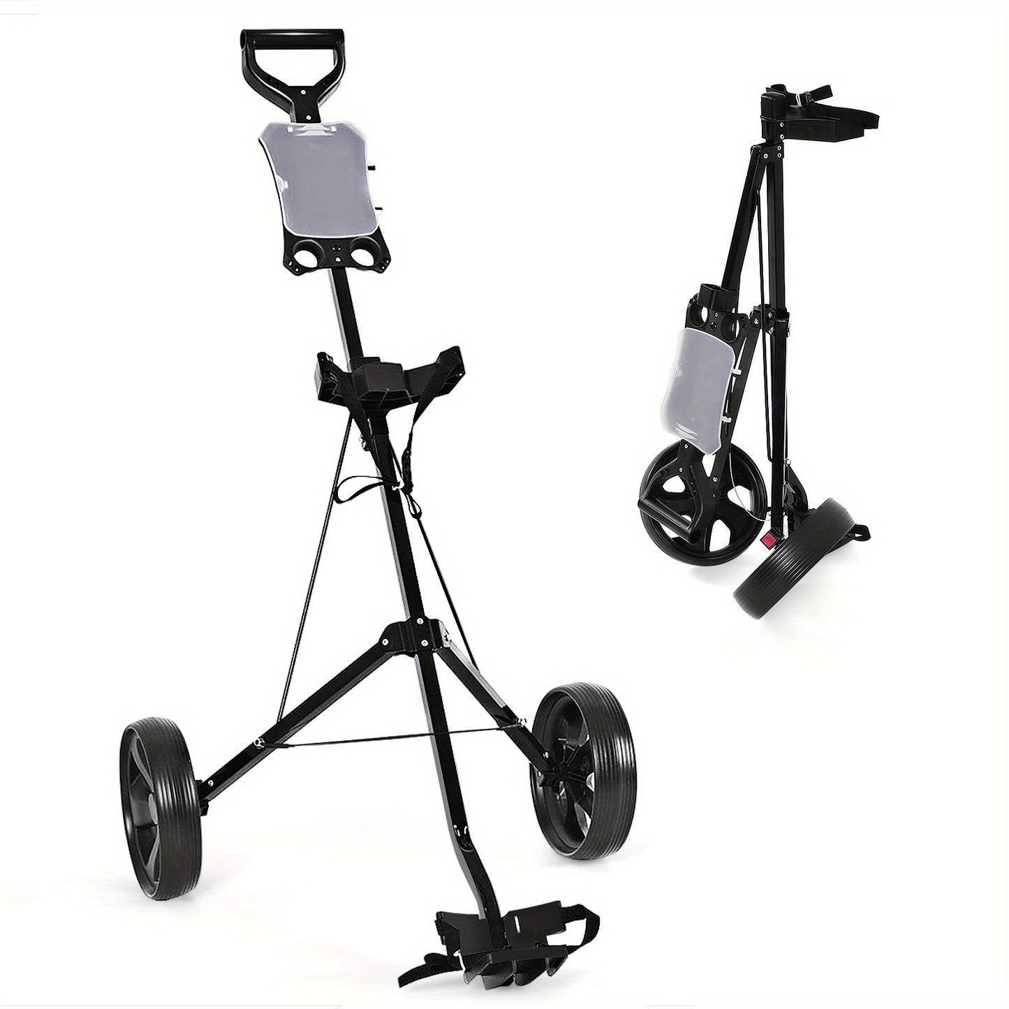 Foldable 2 Wheel Golf Push Cart Trolley with Scoreboard - Lightweight Steel Frame Pull Cart with Adjustable Handle, Score Counter, Ball & Tee Holder, Easy Fold Design for Golf Course & Club Transport