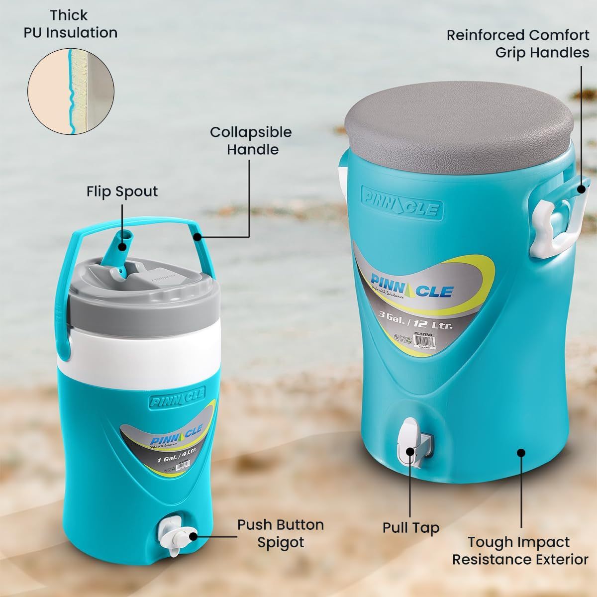 Insulated Water Jug Set with Beverage Cooler Dispenser - Leakproof Pull Tap Spout, Thick PU Insulation, Portable Sports Water Jugs for Camping, Outdoor Events, Parties & Sports - 5+2 or 3+1 Gallon