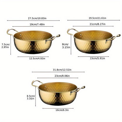 3-Piece Golden Stainless Steel Ramen Pot Set with Lids – Non-Stick Dishwasher Safe Cookware for Noodles Soups Curries – Textured Surface Pots for Home Camping Outdoor Parties Picnics