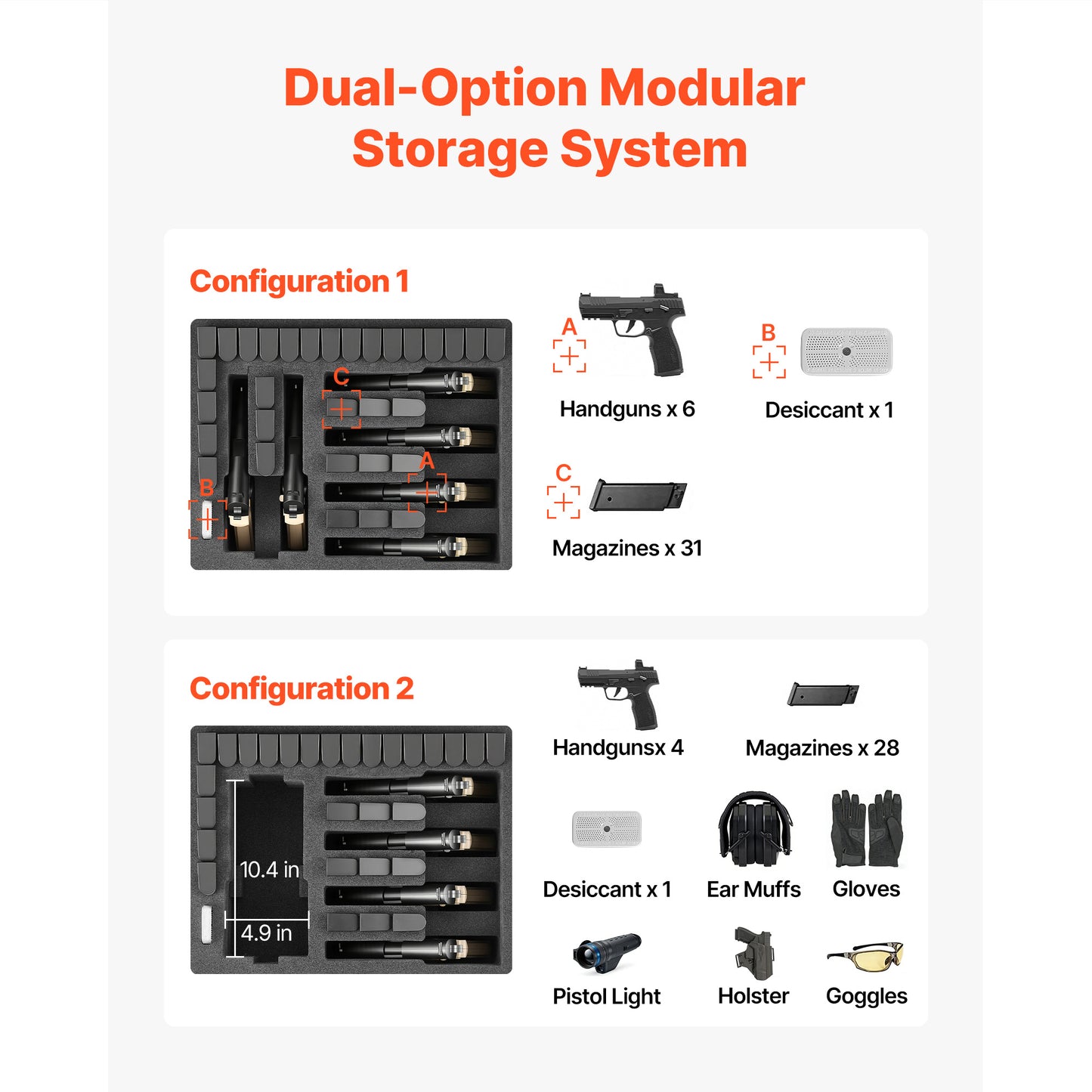 Hard Gun Case with Modular XPE Foam Interior – Heavy Duty Pistol Storage Box with Metal Hinges, 4 Lock Holes & Pressure Valve, Fits Glock & 6 Magazines, 18.7x12.5x7.5 in