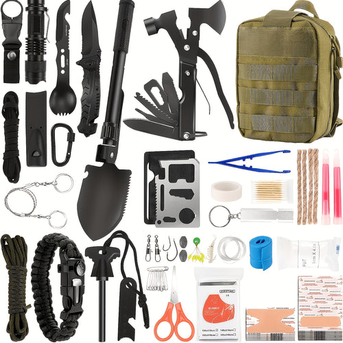 142-Piece Emergency Survival Kit with MOLLE System – Outdoor Gear Set with Axe, Folding Shovel, Knife & Lantern for Camping, Hiking, Hunting & Adventure