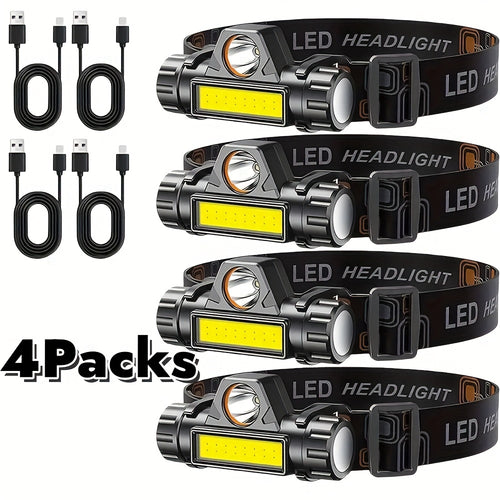Rechargeable Headlamp 4 Pack, COB LED Head Lamp with Magnetic Base, USB Rechargeable Super Bright Headlight, Hands-Free Work Light for Camping Hiking Fishing Running Cycling, Hard Hat Clip Included