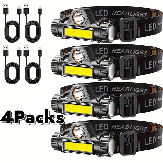 Rechargeable Headlamp 4 Pack, COB LED Head Lamp with Magnetic Base, USB Rechargeable Super Bright Headlight, Hands-Free Work Light for Camping Hiking Fishing Running Cycling, Hard Hat Clip Included