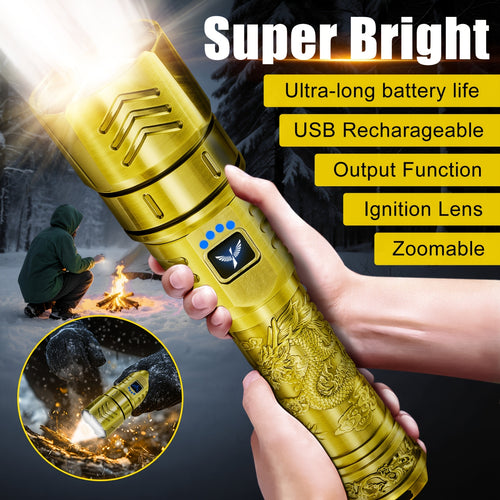 Rechargeable Flashlight 4000mAh - 1000 Lumen Dragon Pattern LED Torch, Zoomable Beam, Fire Starter Lens, 4 Modes, Aluminum Alloy for Camping, Outdoor & Emergency Use